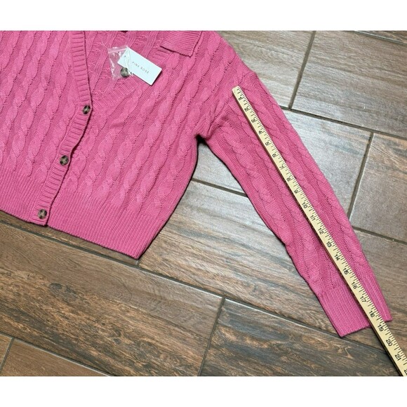 Pink Womens Cropped Cable Knit Cardigan Button-Up Barbiecore Rose Sz M NWT - Picture 4 of 7